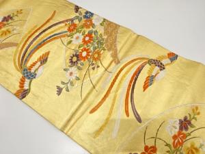 尾長鳥に地紙・草花模様織り出し　袋帯